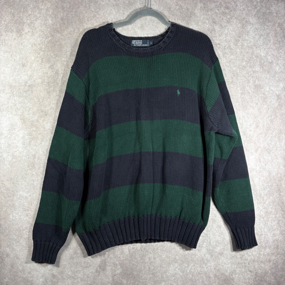 Vintage Polo Ralph Lauren Sweater Mens Large Green Navy Striped Crewneck Cotton